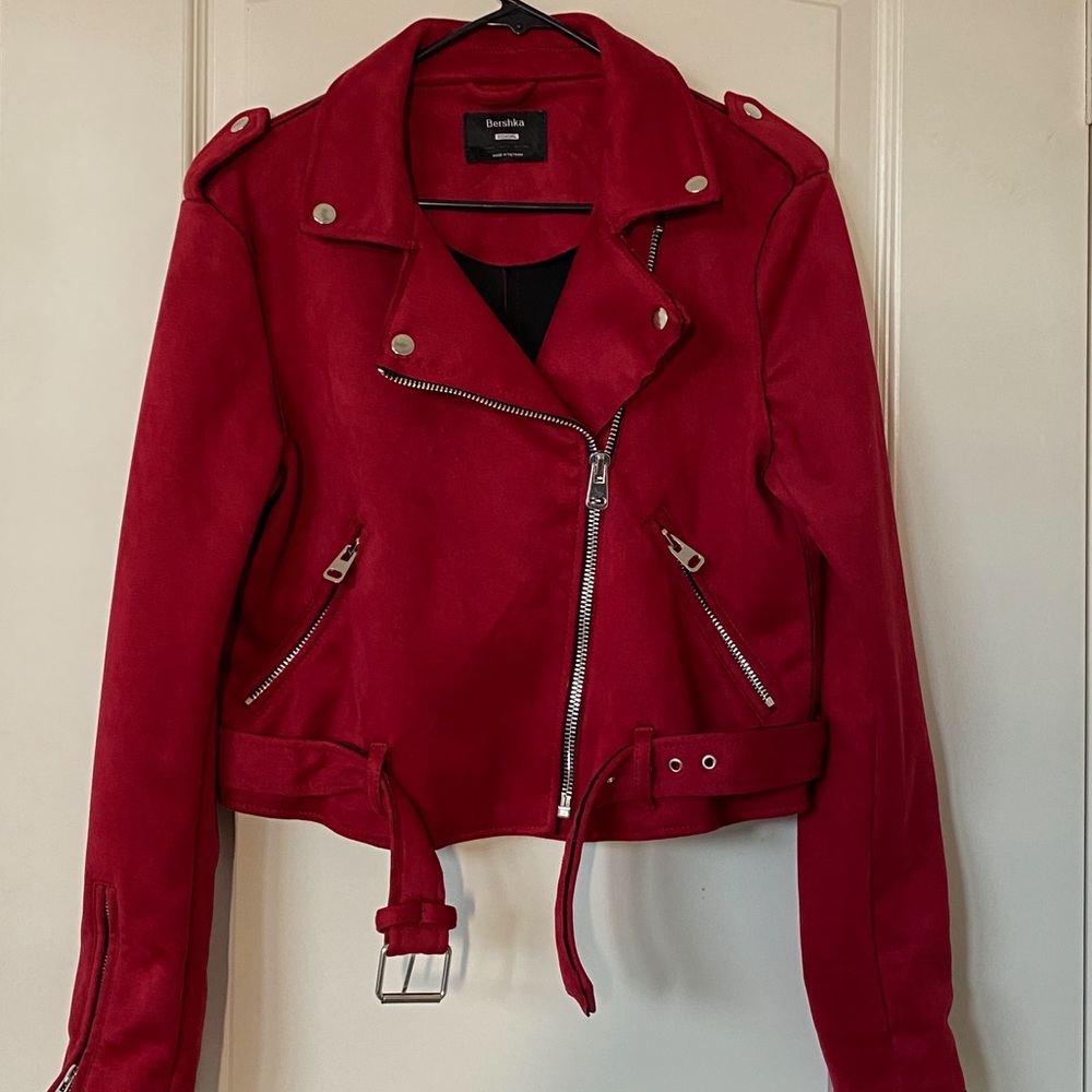 Women Red Suede Biker Jacket